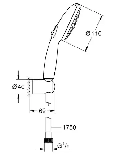 Душевая лейка 2 режима со шлангом и кронштейном черный Grohe Vitalio Start 110 279502431 - almatherm.kz