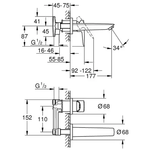 Смеситель раковины настенного монтажа Grohe BauEdge New 20474001 - almatherm.kz