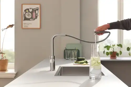 Смеситель кухни под фильтр с выдвижной лейкой суперсталь Grohe Blue Pure Minta 30590DC0 - almatherm.kz