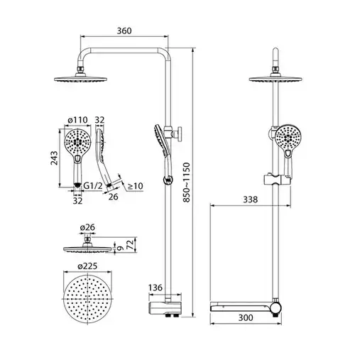 Душевой гарнитур с тропической лейкой Iddis Ray RAYSB3Fi76 - almatherm.kz
