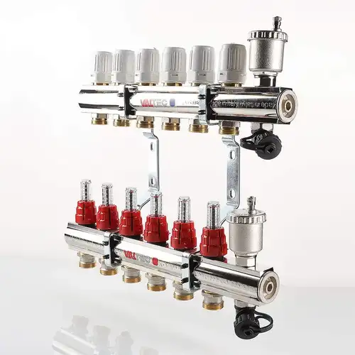 Коллекторная группа с расходомерами 5 выходов 1" x 3/4" латунь Valtec - almatherm.kz