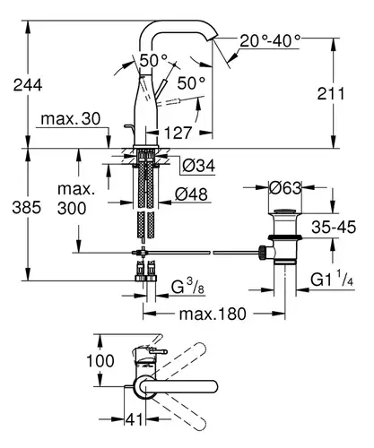 Смеситель раковины холодный рассвет размер L с донным клапаном Grohe Essence 24174GL1 - almatherm.kz
