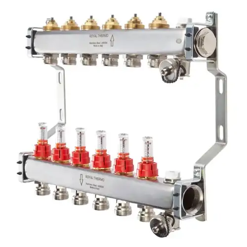 Коллекторная группа с расходомерами 3 выхода 1"х3/4" НЕРЖ Royal Thermo - almatherm.kz