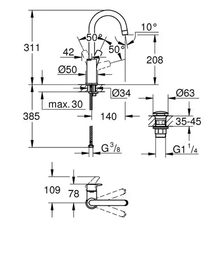 Смеситель кухни с высоким изливом и донным клапаном размер L Grohe Eurosmart 23970003 - almatherm.kz