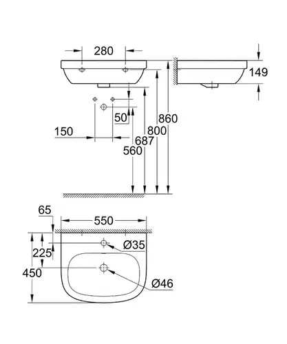 Раковина подвесная 55 Grohe Bau Ceramic 39336000 - almatherm.kz