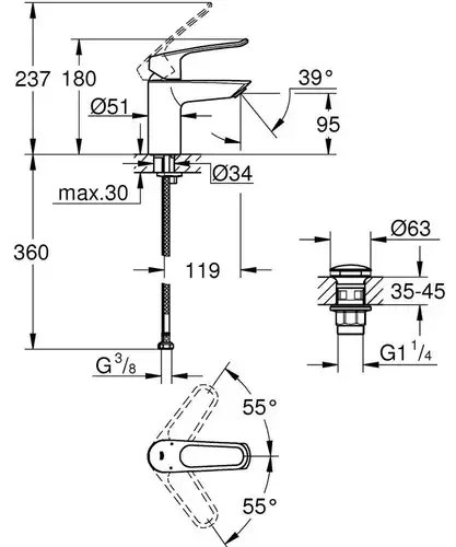 Смеситель раковины размер S Grohe Eurosmart 23980003 - almatherm.kz
