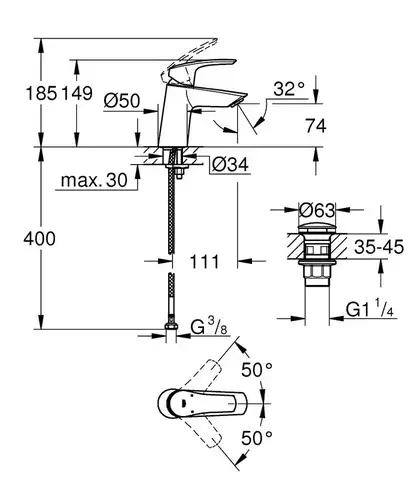 Смеситель раковины с донным клапаном Grohe Eurosmart 23968003 - almatherm.kz