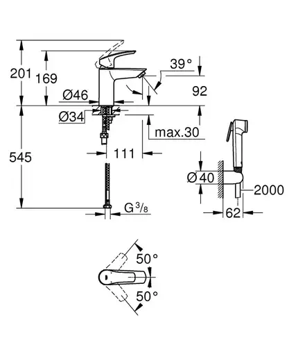 Смеситель раковины с гигиеническим душем хром размер S Grohe Eurosmart 23124003 - almatherm.kz