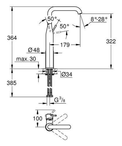 Смеситель раковины настольный графит матовый размер XL Grohe Essence 24170AL1 - almatherm.kz