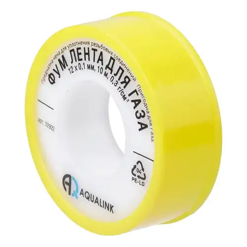 Газға арналған тефлон таспа 12x0,1 мм 10 м Aqualink - almatherm.kz