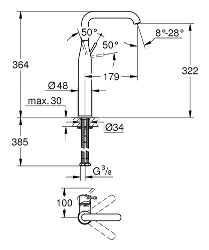 Смеситель раковины размер XL Grohe Essence+ 32901001 - almatherm.kz