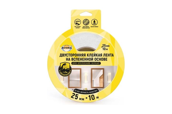Айналарды бекітуге арналған көбік негізіндегі екі жақты жабысқақ таспа 25 мм L-10 м Aviora - Изображение 1 - almatherm.kz